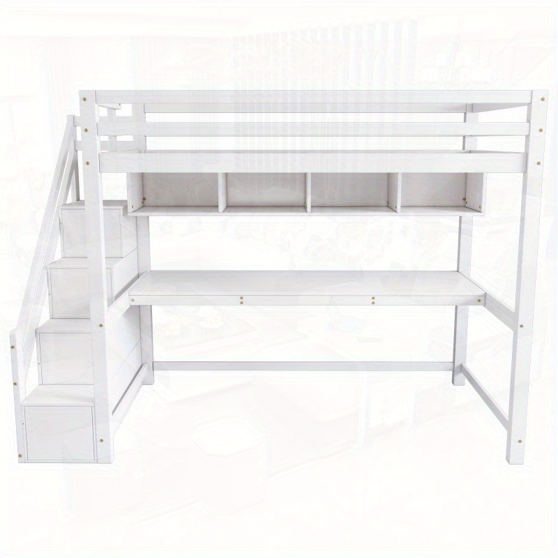 Wooden Bunk Bed 90190cm Loft Bed with Storage Stairs Made of Pine Wood Bed with Large Desk and Sheets with Slatted Frame White