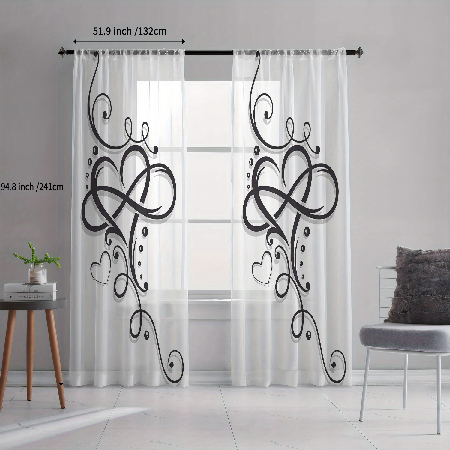 TEMU Lot de 2 Rideaux en Polyester Semi-Transparent avec Poche à Tige, Design Nœud Cœur – Adaptés à Toutes , Idéaux pour Cuisine, Salon, Chambre,