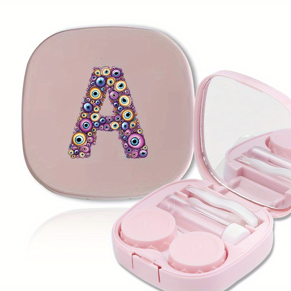 Portable Contact Lens Case with Mirror & Tweezers - Durable Waterproof & Dustproof Travel-Friendly Storage Box, 26 Letter Initial Designs (M/K/L/I), Lightweight Compact for Daily Use & On-the-Go Eye Care, Contact Lens Travel Case, Playful Aesthetic, Mirror Included