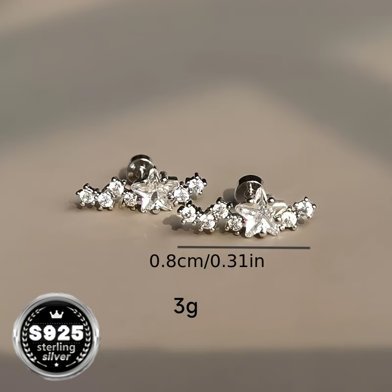 TEMU 925 Sterling Silvery Meteor Sparkle Cartilage Studs - Screw Back, Hypoallergenic & Flat - Daily Gift For Women, Valentine's Day, Party & New