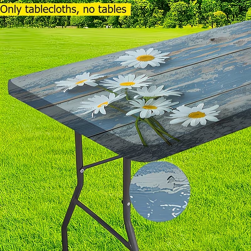 Image of 1pc Outdoor Tablecloth - , : Featuring A Decorative Daisy Print Against A Wood-grain Background, This Cover Is Perfect For Camping, Picnics, And Garden Parties - Suitable For Indoor And Outdoor Use