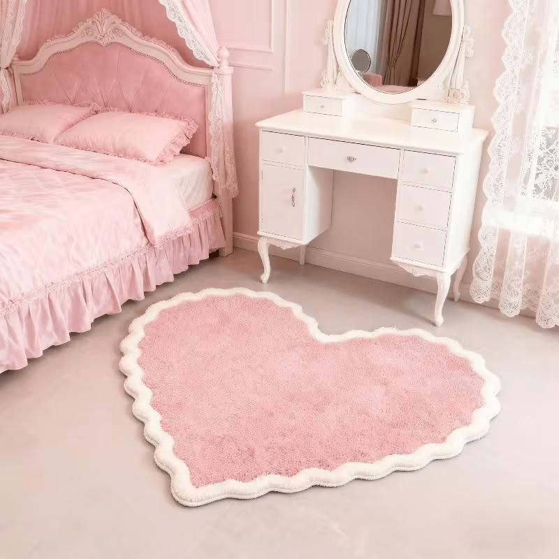 TEMU Faux Cashmere 900g 9mm Valentine's Day Korean Creamy Style Living Room Rug Pink Heart Bedroom Decor Bedside Mat Irregular Shape Non-slip Mat