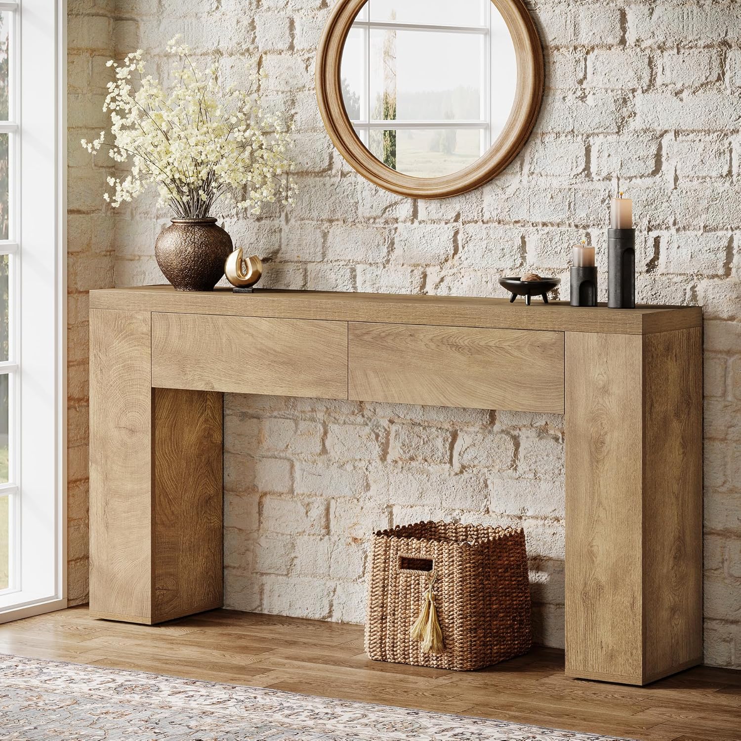 Image of 63-inch Console Table With 2 Drawers - Entryway Table Suitable For Living Room, Hallway, Entrance, Wood With Frame, Assembly, Brown Freestanding Storage Furniture