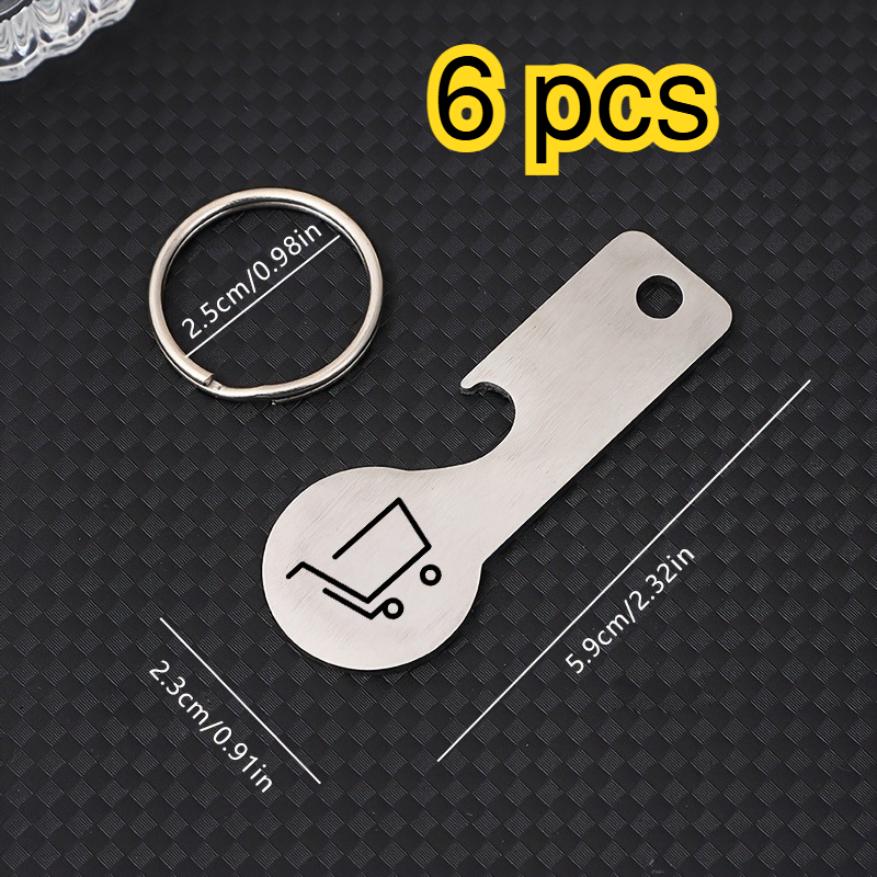 E-shop 6er-Pack Supermarkt Einkaufswagen-Token Edelstahl Schlüsselanhänger und Flaschenöffner 2-in-1, Supermarkt Einkaufswagen-Token, Unisex