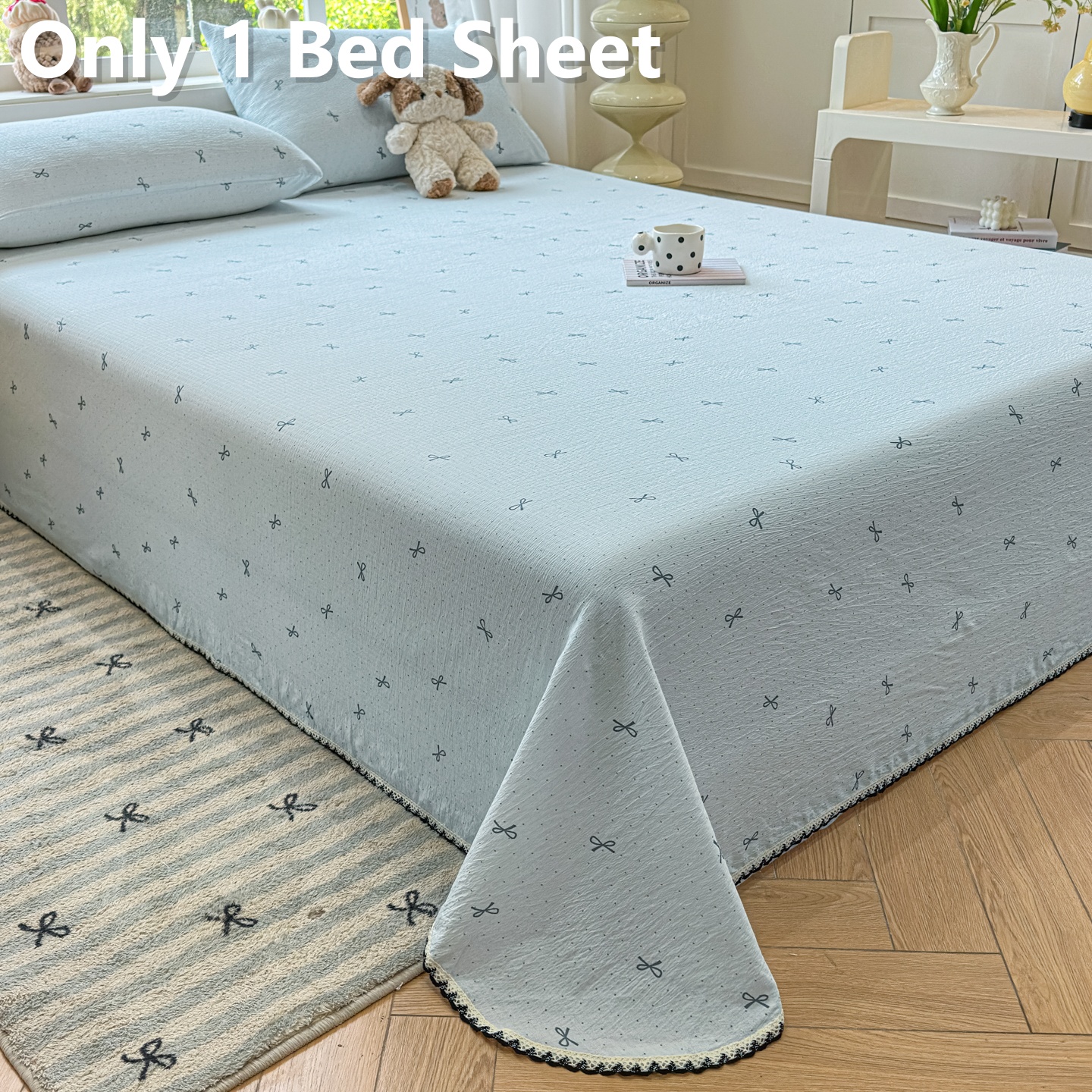 TEMU 1pc 2026 New Printed Bed Sheet With Lace Trim, Soft& Skin-friendly, Breathable, , Elegant Look, Machine Washable, All Season, For Bedroom Dorm