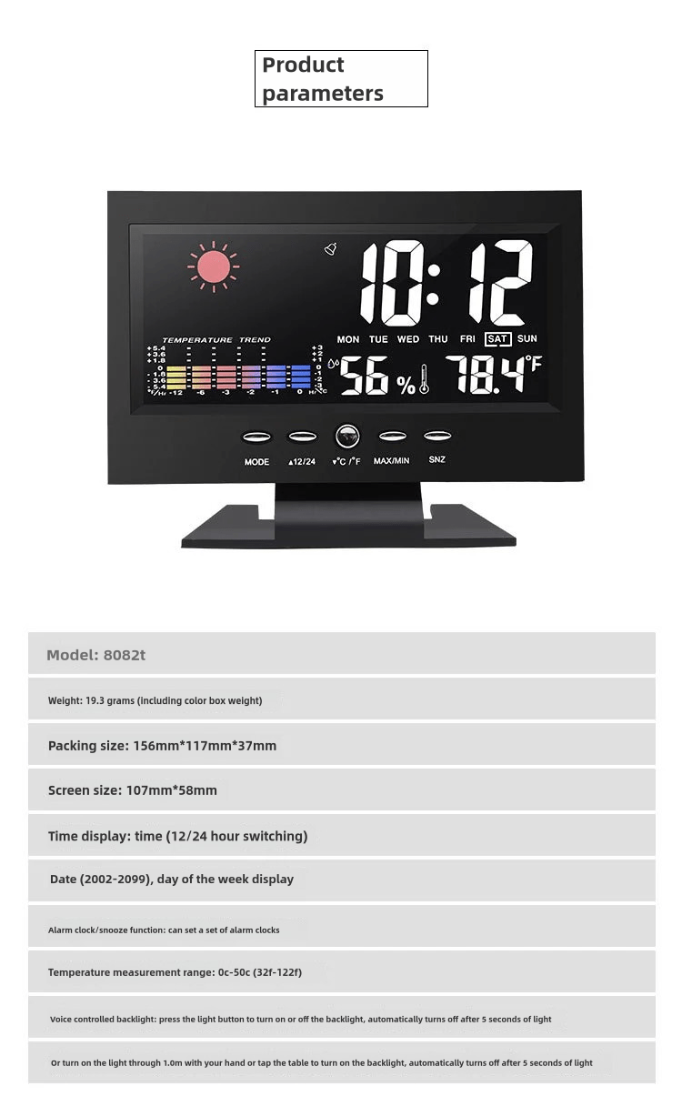 a multifunctional smart clock with voice controlled   featuring   display alarm thermometer and hygrometer designed for tracking time date   temperature and humidity in home or   batteries are not included details 5