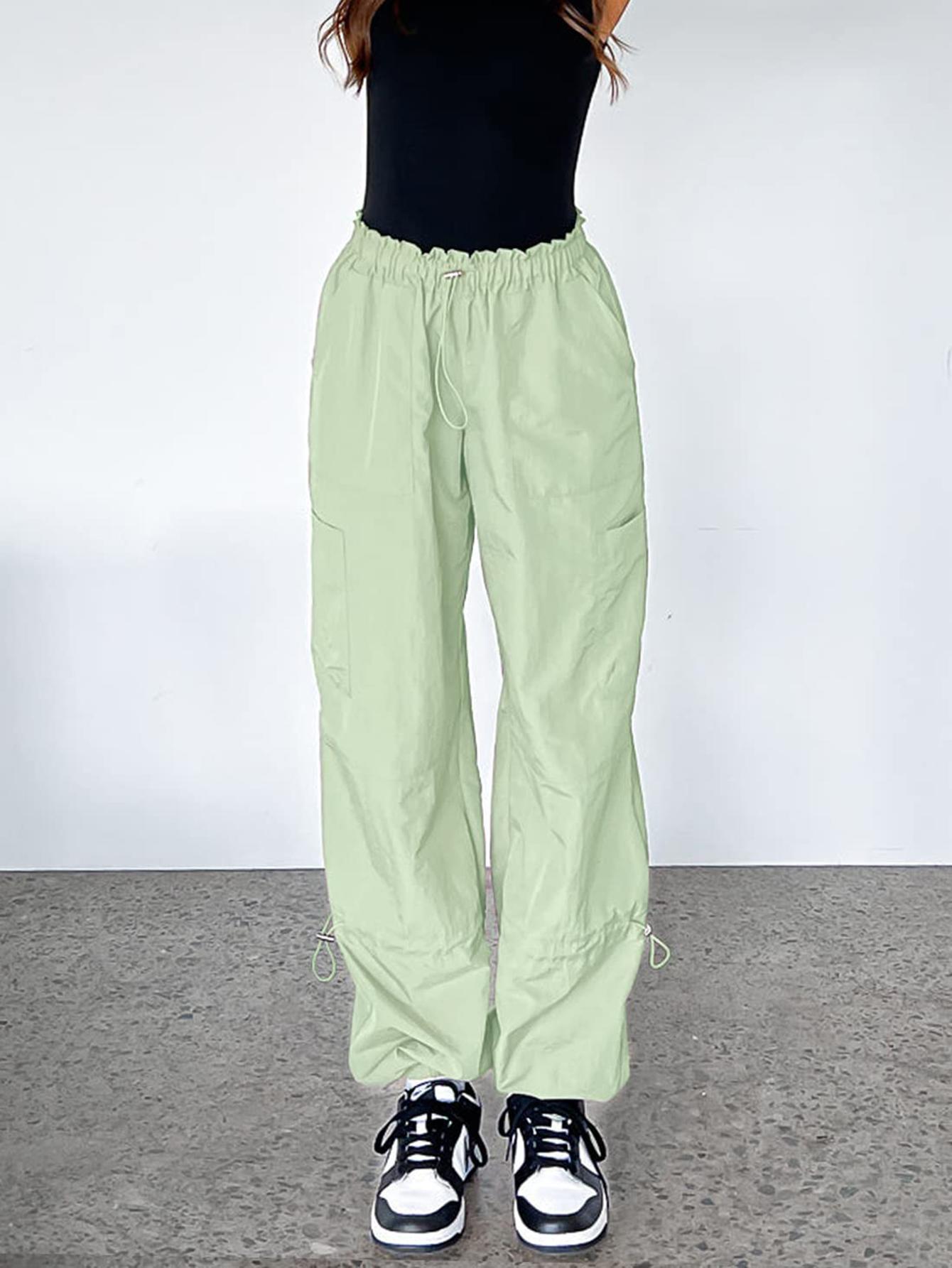 womens plus size light purple parachute pants loose fit   with elastic waistband drawstring casual   polyester pants with pockets light green 1