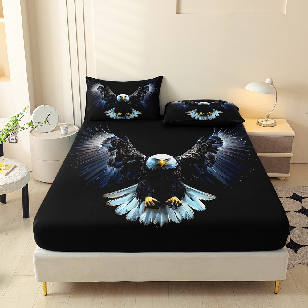 TEMU 3pcs Animal Eagle Print Fitted Sheet Set, Queen Mattress Protector, Double Bed Mattress Protector, King Bedding Kit, Polyester Machine Washable,