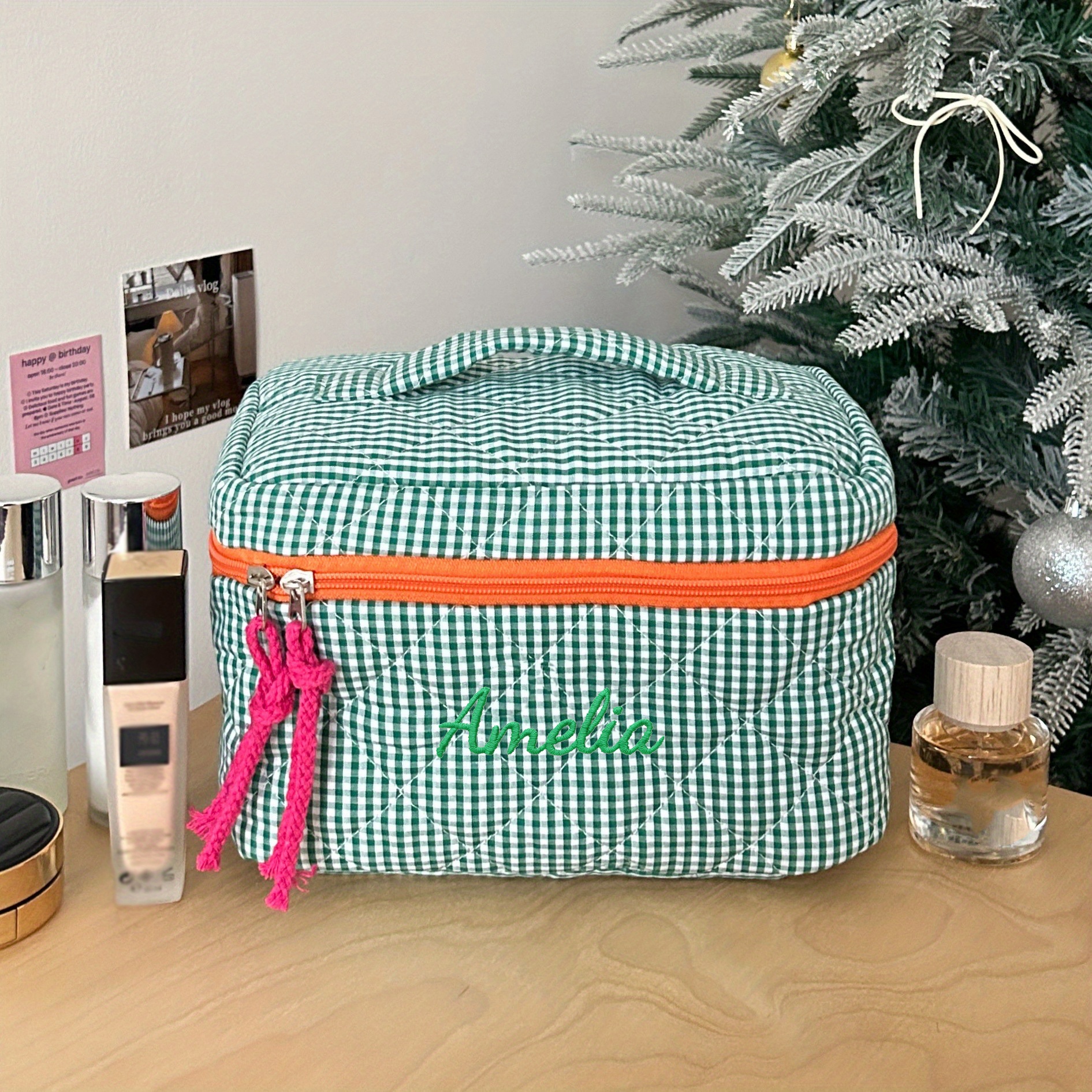 TEMU Trousse de Cosmétique brodée sur mesure à carreaux patchwork, grande trousse de toilette de voyage, pochette de rangement cosmétique portable,