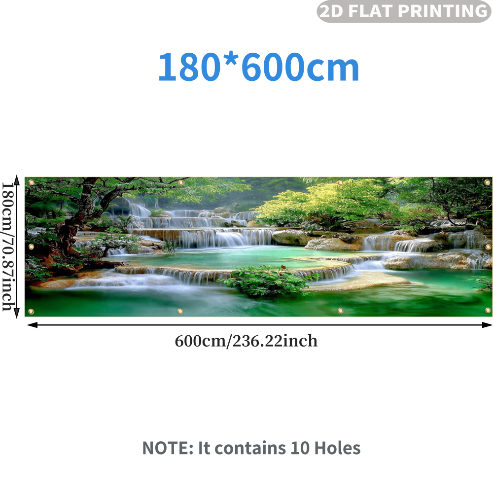 Image of 1pc 2d Flat Waterfall Scene Print Garden Privacy And Protective Screen, Decorative Polyester Banner, Ideal For Garden Fence And Garage Door Decor, With Fixing Ropes, Lightweight For Outdoor Decor