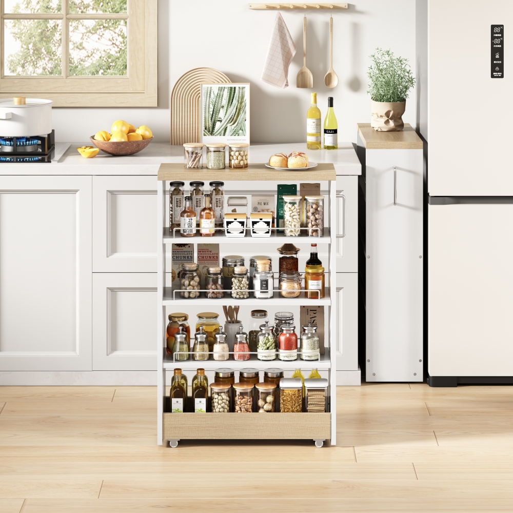 TEMU 85 X 55 X 20 Rolling Storage Cart With 4 Adjustable Shelves, Mobile Narrow Organizer Rack For Kitchen Bathroom Pantry Laundry Utility Space,