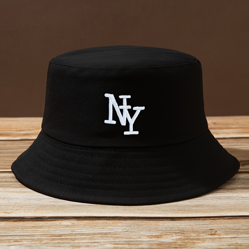 TEMU Unisex Adjustable Ny Embroidered Fisherman Hat- Black With White Contrast Truck Hat, Breathable Outdoor Fishing Camping Beach Hat, Spring Summer
