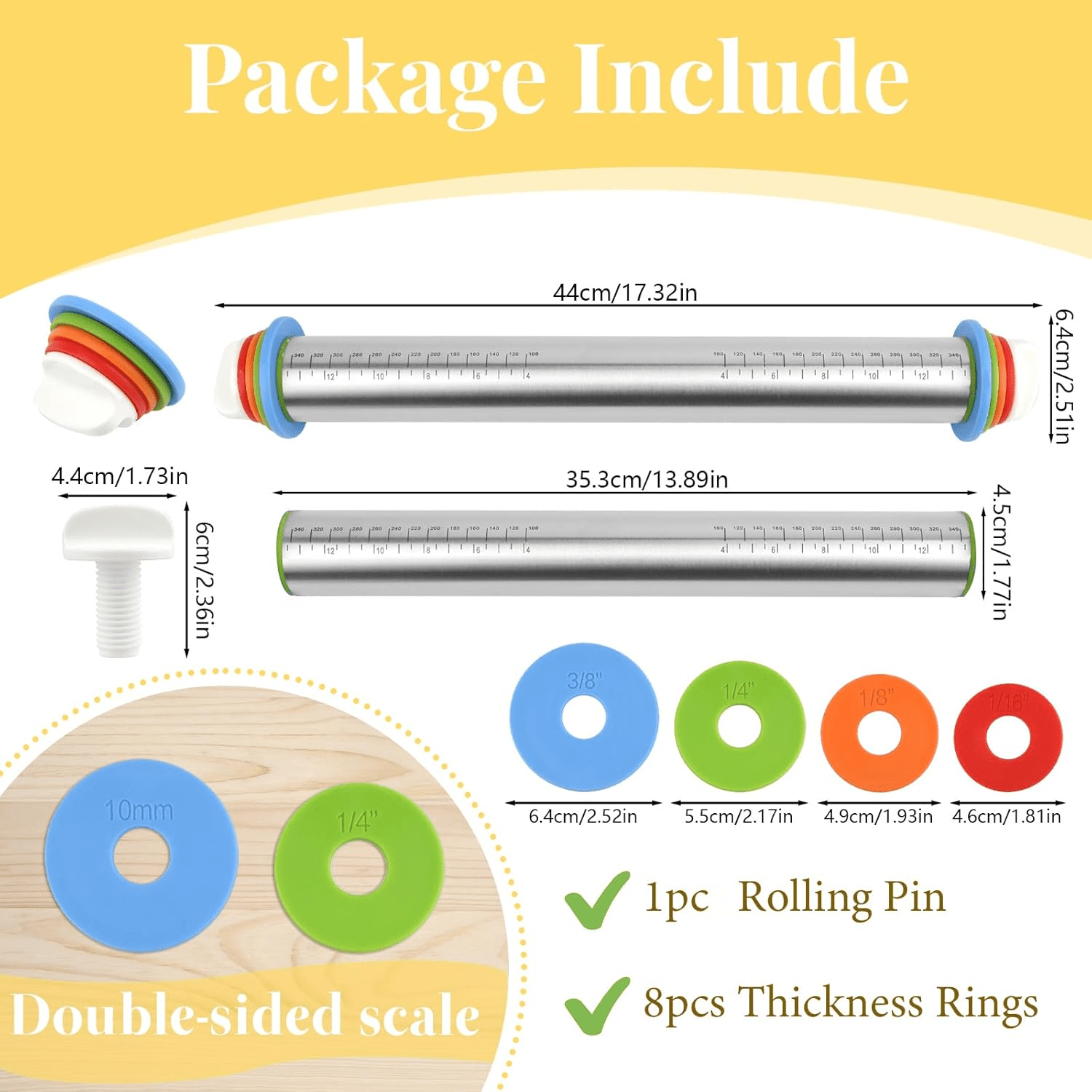 TEMU Stainless Steel Rolling Pin With Adjustable Thickness, Thickness Ring, 17-inch Stainless Steel Rolling Pin And Dough Mat Set, Adjustable