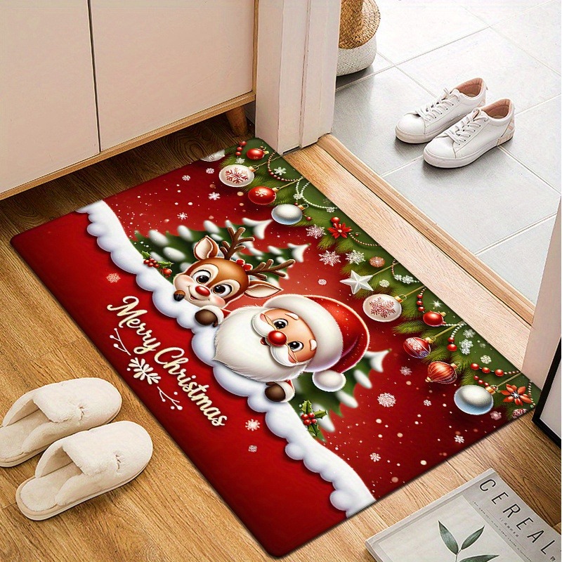 Image of 1pc Christmas Reindeer And Santa Claus Door Mat, Super Festive, Suitable For Living Room, Bedroom, Kitchen, Office, Indoor And Outdoor Entrance, Christmas Decor Item, Room Decoration Carpet