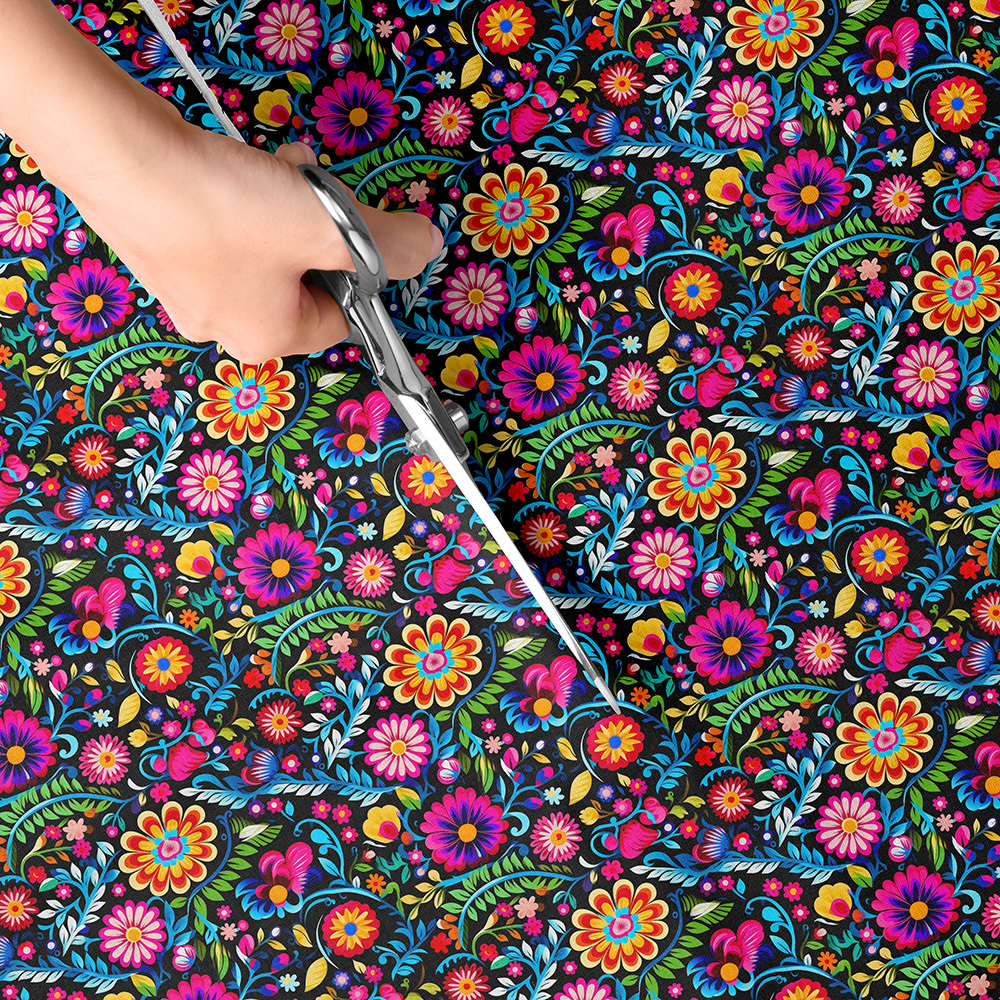 TEMU 1pc Mexican Floral Print Fabric - 59 X 19.68 Inches (150 X 50 Cm) Pre-cut Polyester Fabric With Colorful Flower Pattern - Suitable For Sewing,