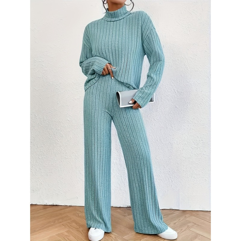 

Solid Ribbed Comfortable Long Sleeves Two-piece Set, Casual Mock Neck T-shirt & Wide Leg Pants Outfits, Women's Clothing