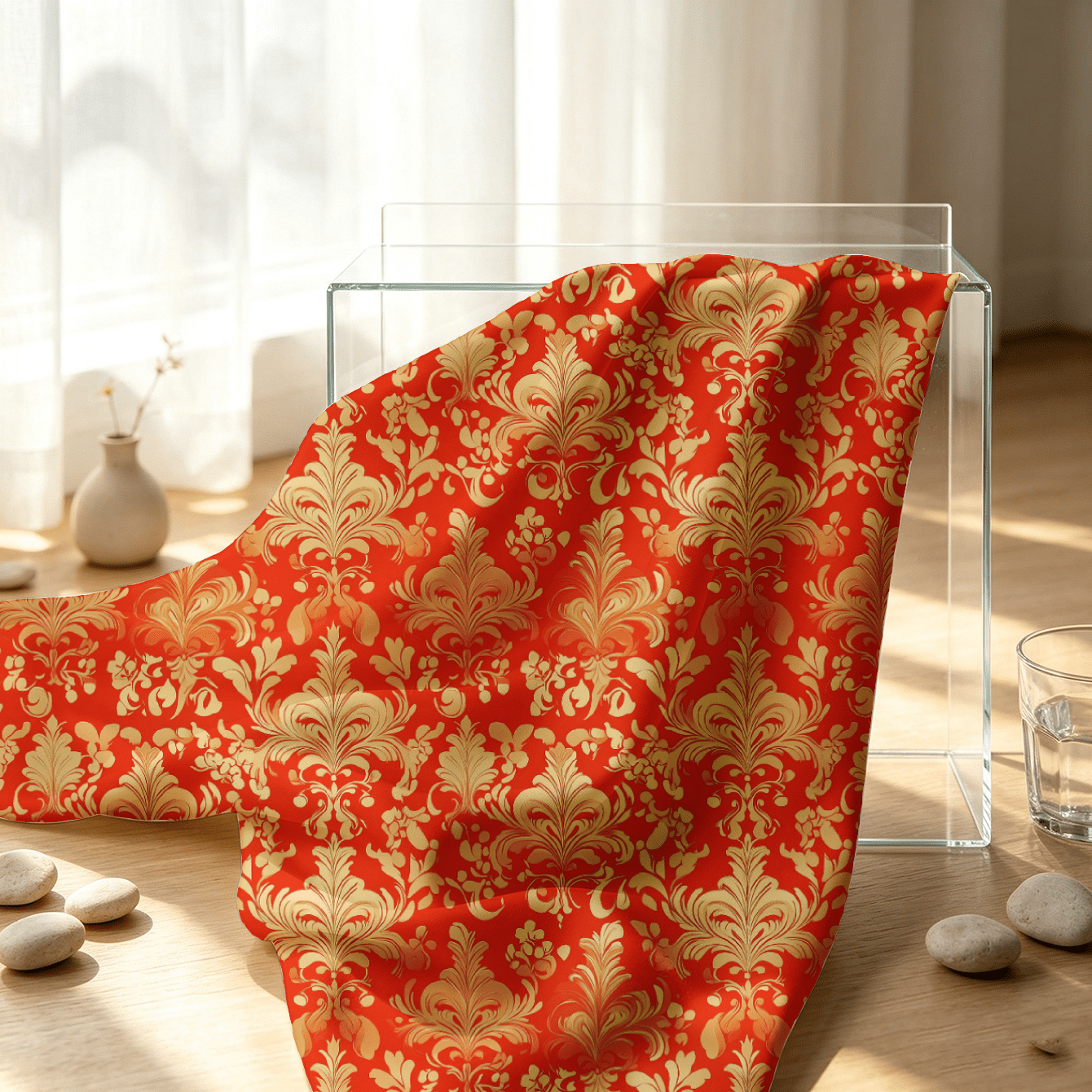 TEMU 1pc Of Red Fabric With Golden Floral Pattern Print, Digital Printed Fabric, Multiple Sizes , Soft And Comfortable Fabric, Diy All-polyester