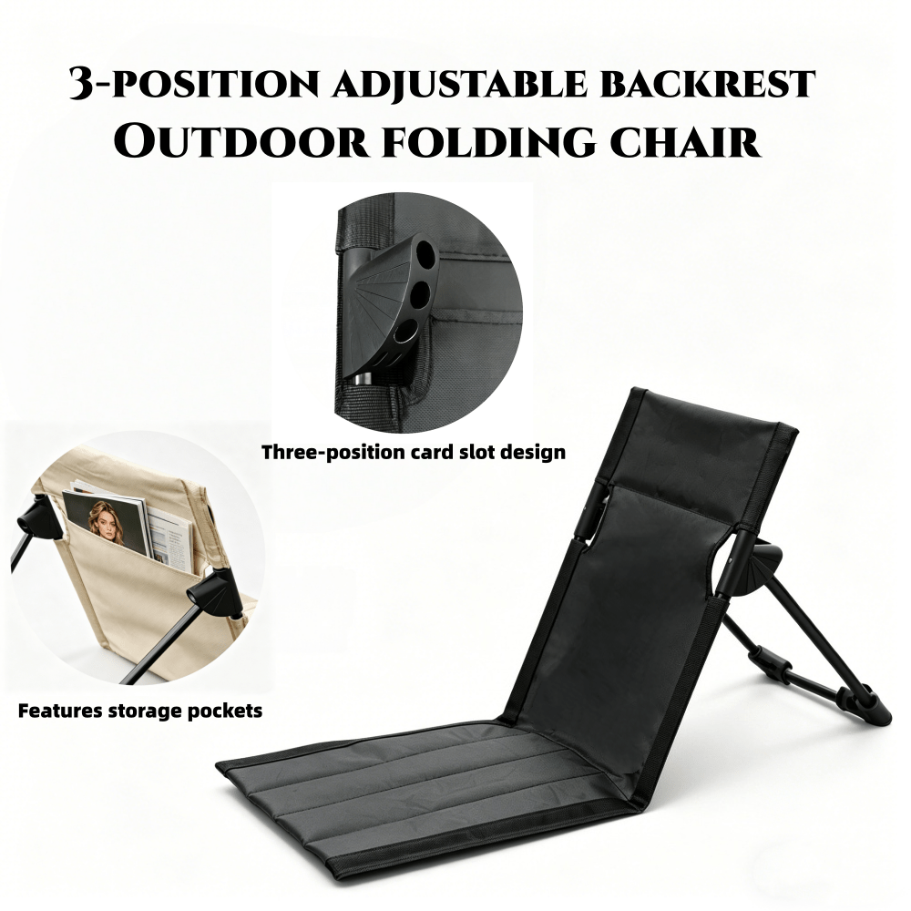 Artikelbild 3-positionen verstellbarer faltbarer bodenstuhl mit rückenlehne und staufach, tragbarer leichter outdoor-loungestuhl für camping, strand, picknick, erhältlich in schwarz/grün/braun/beige