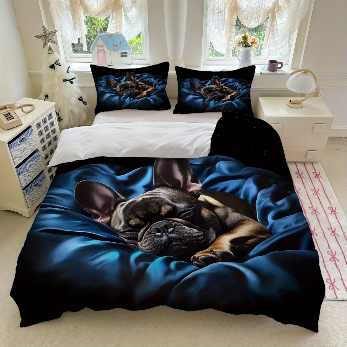 TEMU 3pcs French Bulldog Bedding Set Blue   Black Duvet Cover With Dog Print (1duvet Cover   2pillowcase, Without Core) For Bedroom