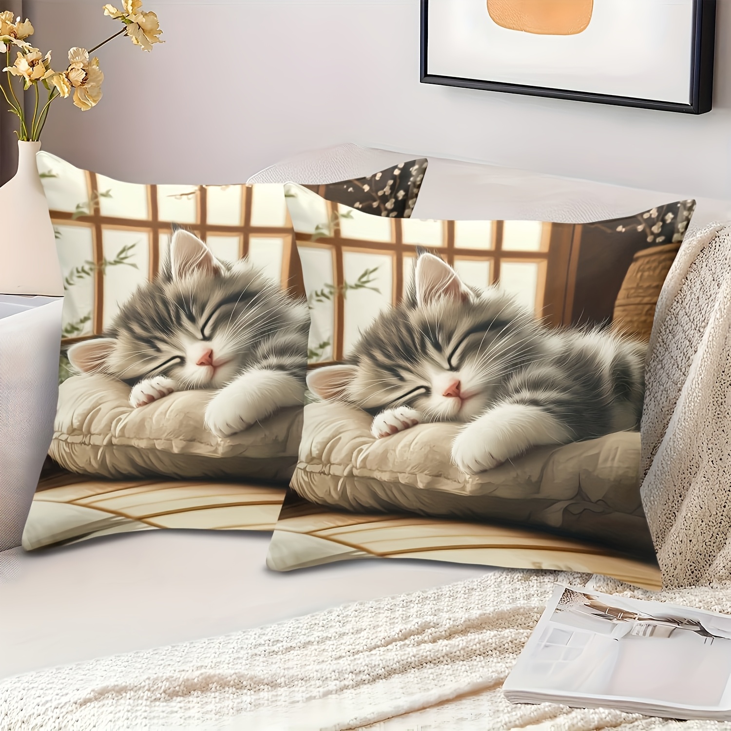 TEMU Set Of 2 Adorable Pillow Covers Featuring A Sleeping , Measuring 45.72x45.72 Cm, Made From Soft Velvet, Perfect For Decorating Your Sofa Or Bed