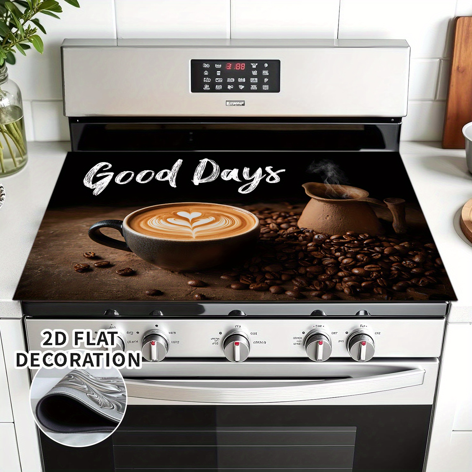 TEMU 2d Flat Decoration, Stove Cover - Protective Cover With A Coffee, Beans, And Cup Design, Adds Extra Countertop Space For Electric And Induction