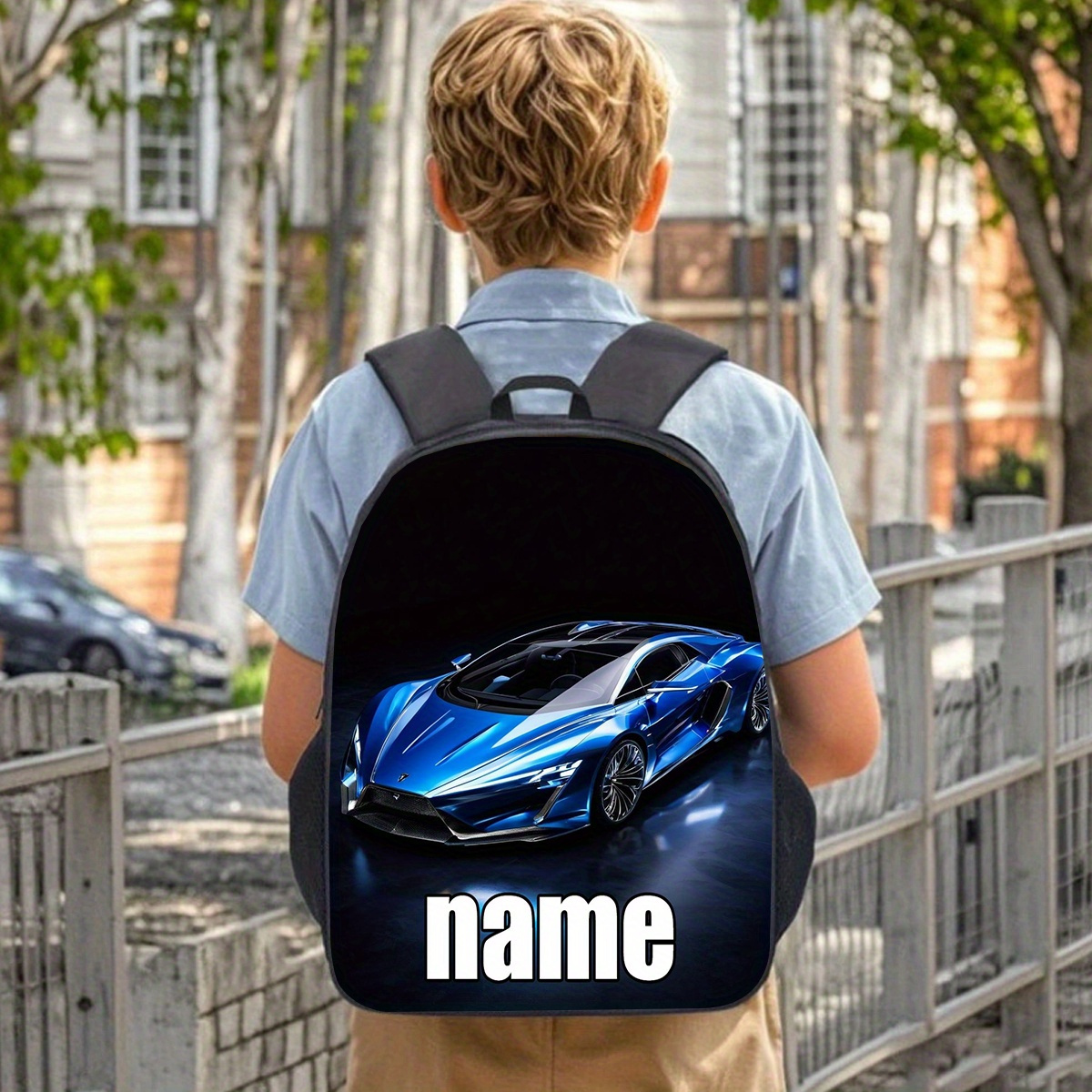TEMU 1pc Personalized Name/text Car Backpack With Text/name, Large Capacity 17-inch Laptop Bag, Adjustable Shoulder Straps & Water Bottle Holder -