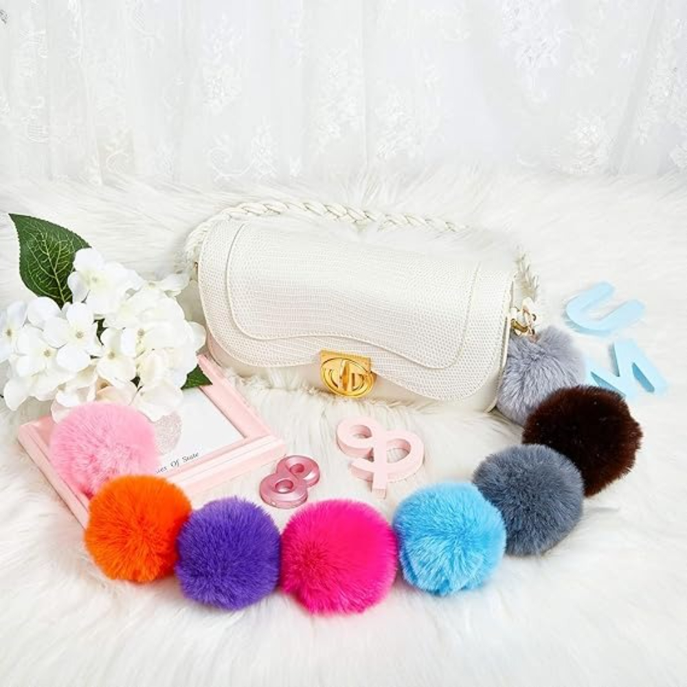 TEMU Set Of 18 Vibrant Pom Pom Keychains - Soft Balls For Keyrings, Perfect For , Group Gifts, Backpack And Handbag Additions, Tote Bag And Purse