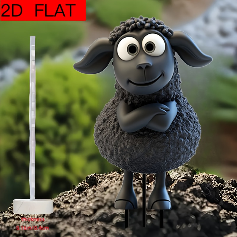 TEMU 1pc 2d Flat Black Gentleman Sheep Garden Insert - Plastic Green Leaves Sun Catcher With Flower Pot Decoration, Yard Art For Easter, Teacher's