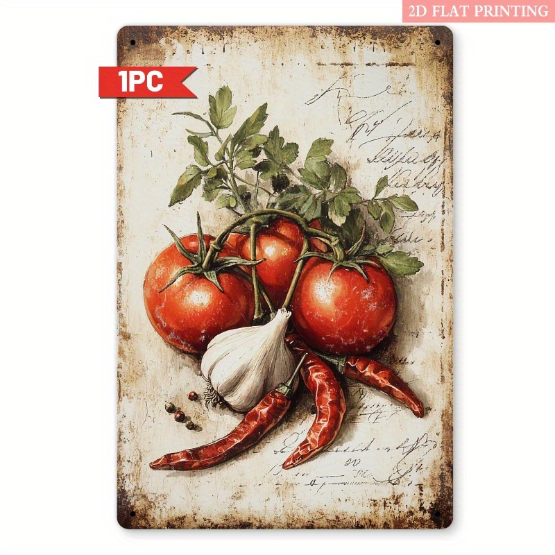 TEMU Panneau métallique rétro plat 2D, 1 pièce, panneau mural rustique en métal tomate, ail et - 20x30cm, décoration de ferme vintage, impression