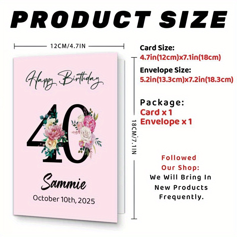 1pc/1 Item Personalized 40th Birthday Card Customizable Name And Date- Elegant Design Suitable For Gifting,, Family-…: retailer-supplied image