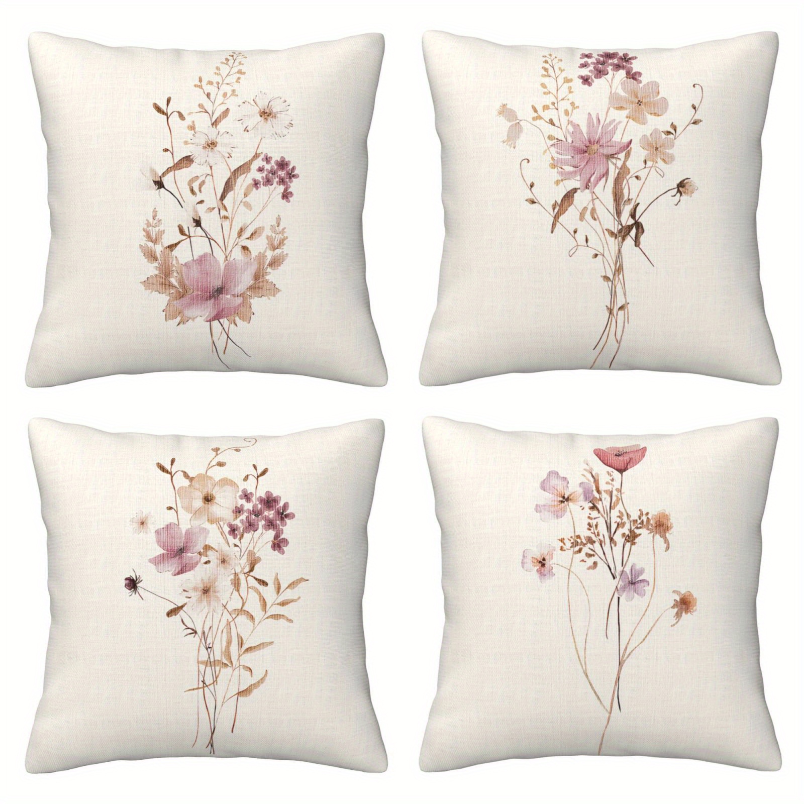 

4-pack Rustic Floral Throw Pillow Covers, Machine Washable Zippered Cushion Cases For Couch Sofa Bed, Country Style Decorative Pillowcases For Room Types - Polyester 100% (pillow Inserts Not Included)