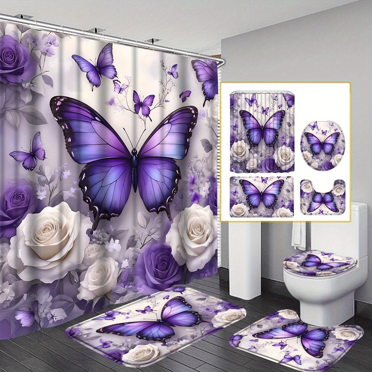 TEMU 2d Flat, 2d Flat, 4pcs 2d Flat Purple Flower Bathroom Sets, Shower Curtain With 12 Hooks, Includes Bath Non-slip, Toilet U-shaped, Cover,