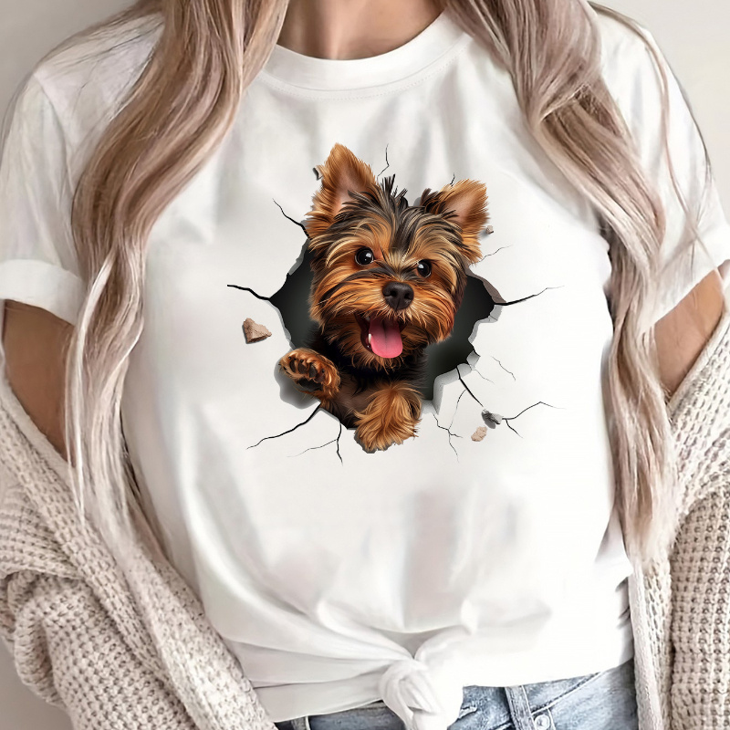 

T-shirt à manches courtes pour femme, tendance, imprimé Yorkshire Terrier, col rond, manches courtes, haut de femme pour et l'été, t-shirt à manches courtes pour femme, étudiant, vacances, pays