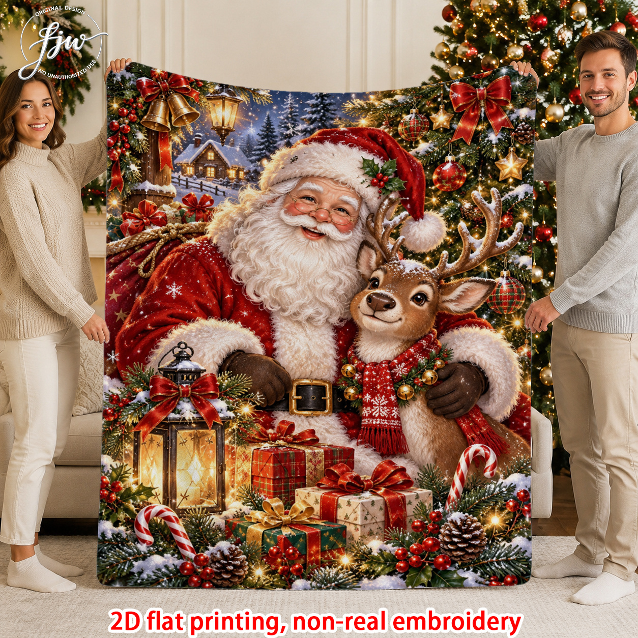 TEMU 1pc Vintage Santa And Reindeer Christmas Blanket, Flannel Blanketâ And Comfortable. Suitable For Beds, Sofas, Seats, And Offices; Great For