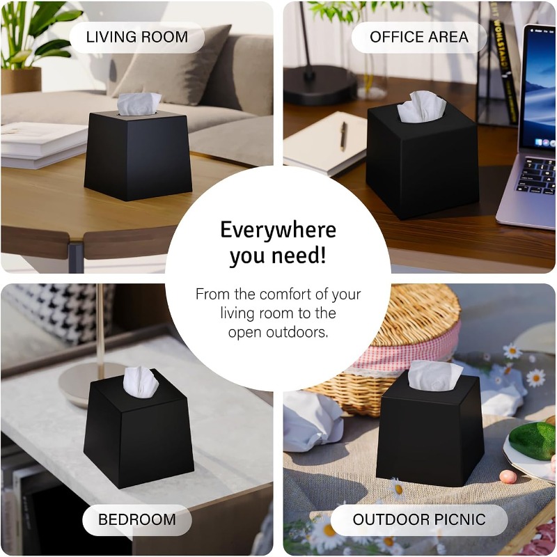 2 pack black tissue box covers modern minimalist square dispenser decorative facial tissue holder for living room office bathroom kitchen compatible with standard tissues space saving organizer 5 5x5 5x5 6in ideal for home desk or commercial use bathroom organizers and storage office accessory contemporary design   home organizers   durable plastic office workers Product details 2