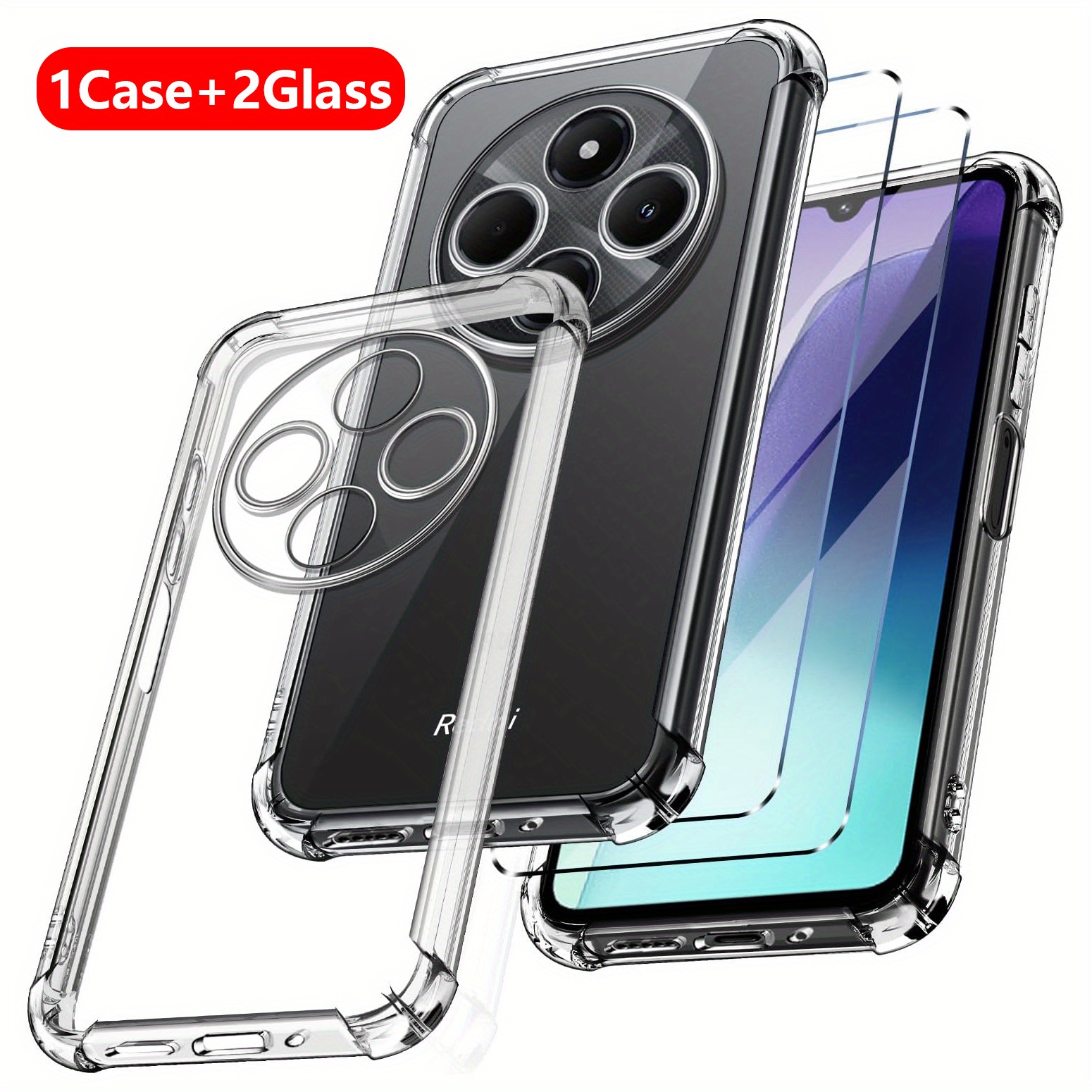 E-shop 3-in-1 Gehärtetes Glas & Transparente, Weiche TPU-Hülle mit Verstäerkten Ecken für Redmi 14C – HD-Schutzfolie Bildschirmschützer