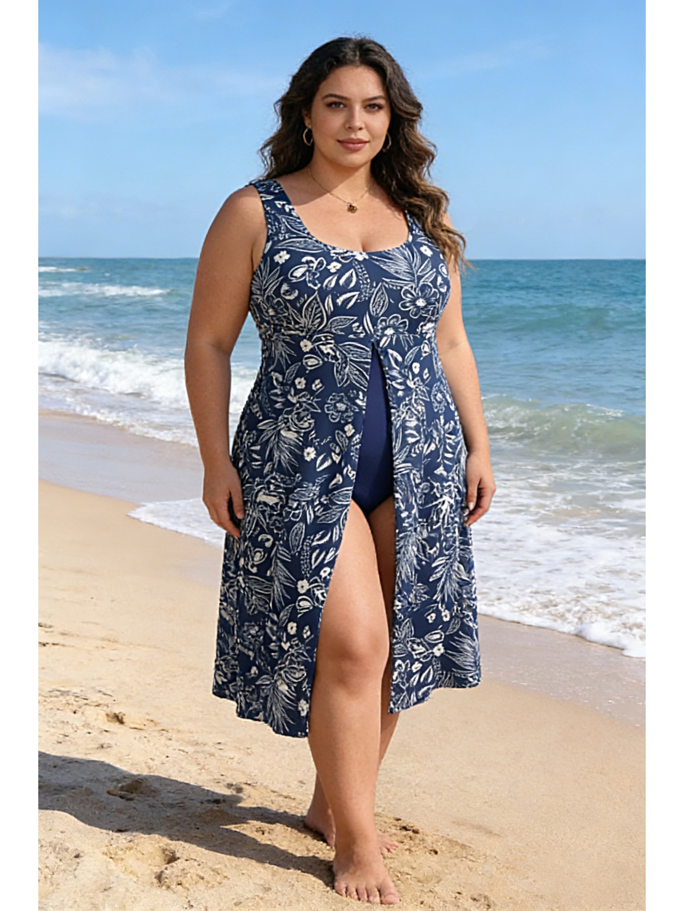 Women'S Large-Size Sleeveless Fitted Halter Dress with Tankini, Blue And  White Floral Print Swimsuit, Enhances Figure, Beach Pool Vacation Swimsuit  (With Underwear)