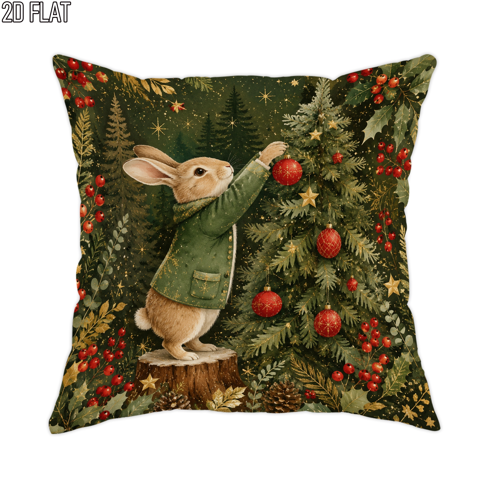 TEMU Housse de coussin décorative 1 pièce, imprimée en 2D, motif lapin vintage de Noël et d'hiver, vert, impression sur une seule face, pour