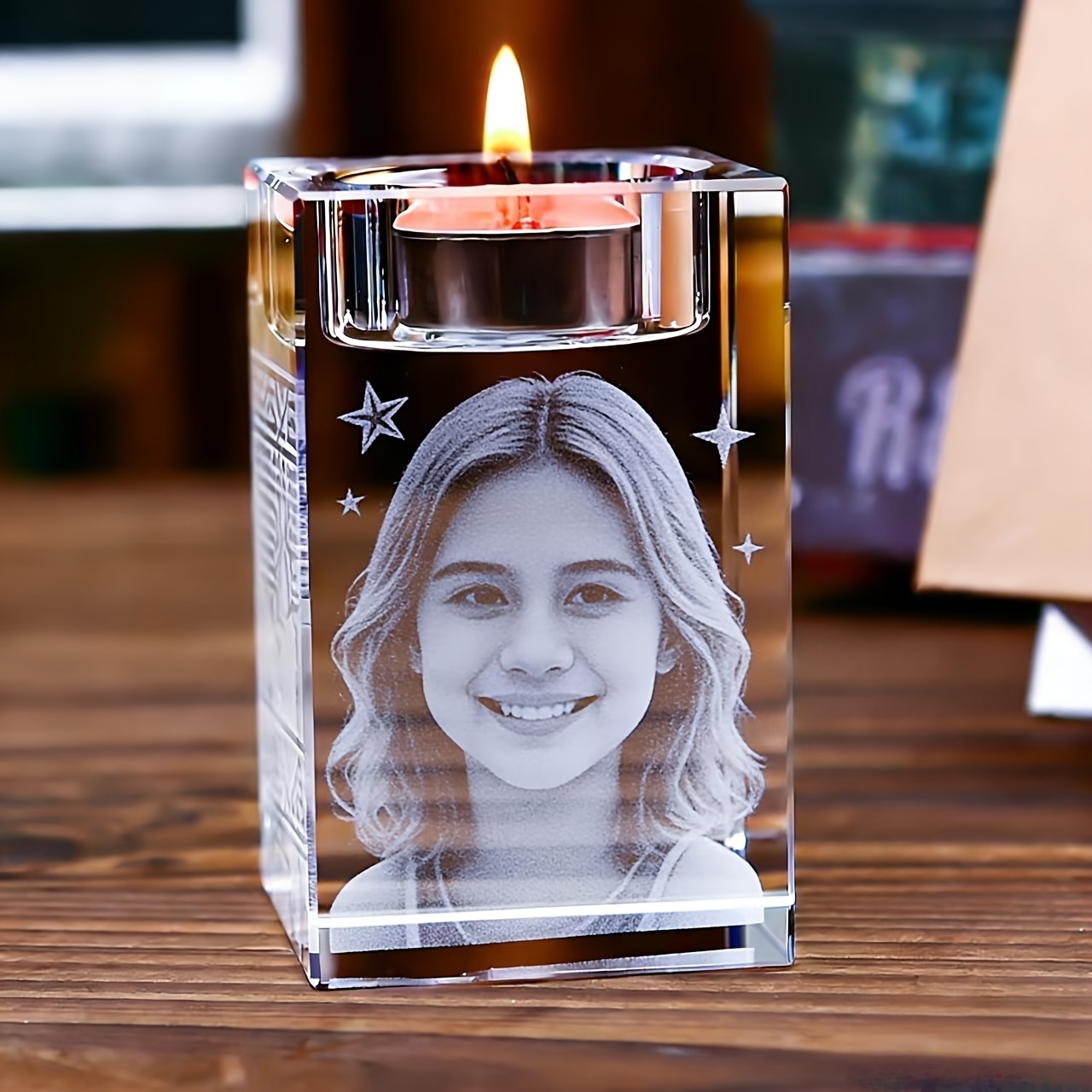 TEMU Custom Crystal Glass Candle Holder, With Laser Engraving Technology, A Unique Gift. Very Suitable For Commemorating Family , , Or Pets. An Ideal