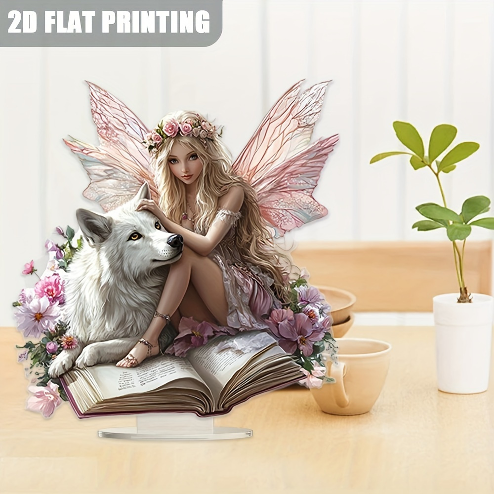 

Fairy And Wolf Acrylic Statue With Floral Book Design - 2d Flat Art Deco Desktop Ornament, Ideal For Decor, Perfect Gift For All , No Power Required, Tabletop Ornament| Design|acrylic Construction