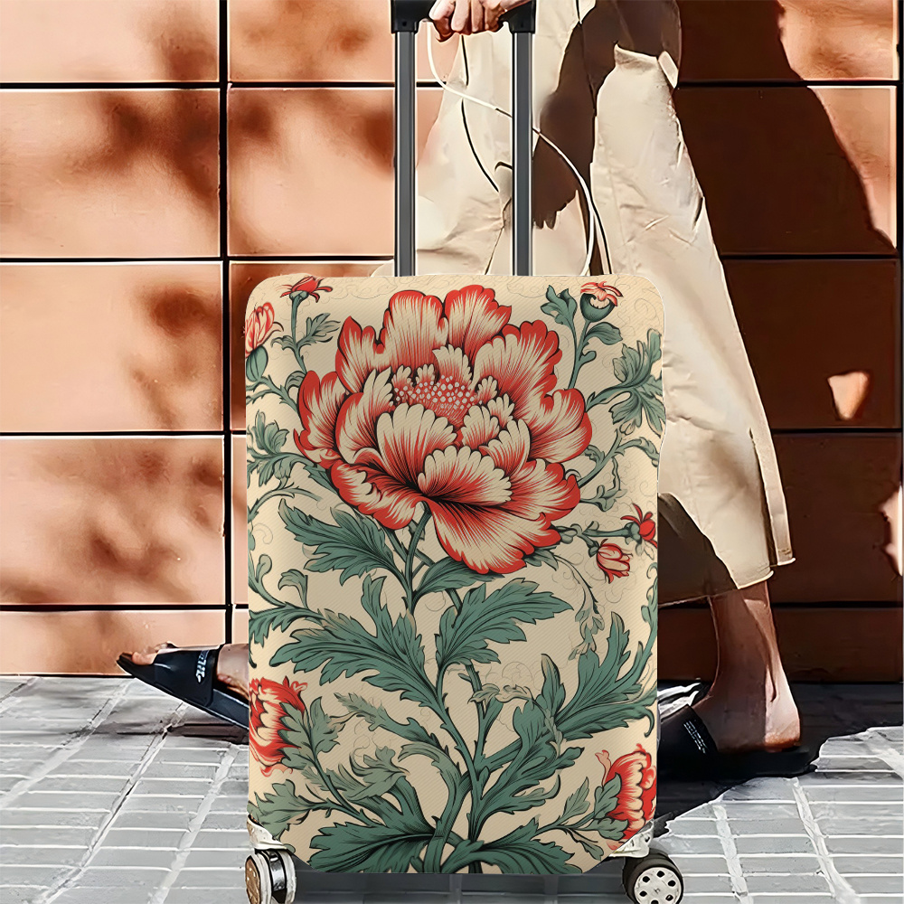 TEMU 1pc Watercolor Peony Floral Print Elastic Luggage Cover - Durable Polyester Suitcase Protector, Hand Wash/, For Most Sizes, Vibrant Travel
