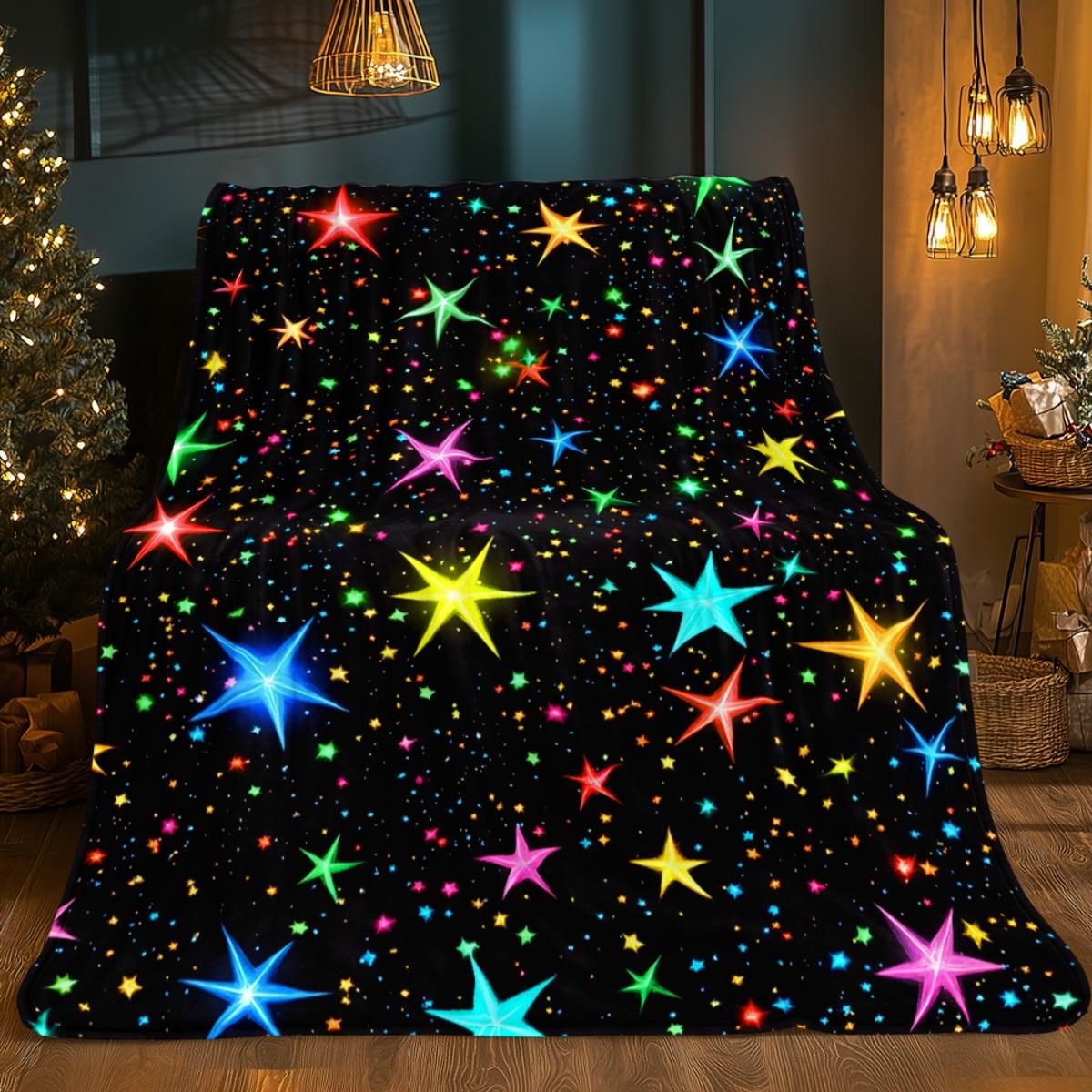 TEMU 1pc Neon Blanket - Soft Fleece Bedspread, Black Background With Multicolor Glowing Stars, Lightweight Use, Suitable For Adults, Camping, Travel