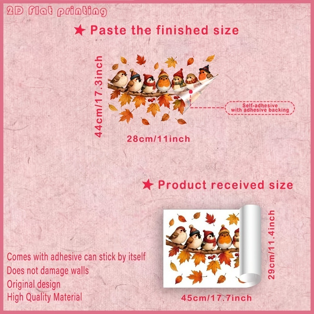 Image of 2d Flat - 2d Static Autumn Window Cling, 2d Flat Printing, Robins With Knit Hats And Scarves On Branch, Red Berries, And Pumpkins, Harvest Thanksgiving Privacy Decor Film For Home And Shop Glass