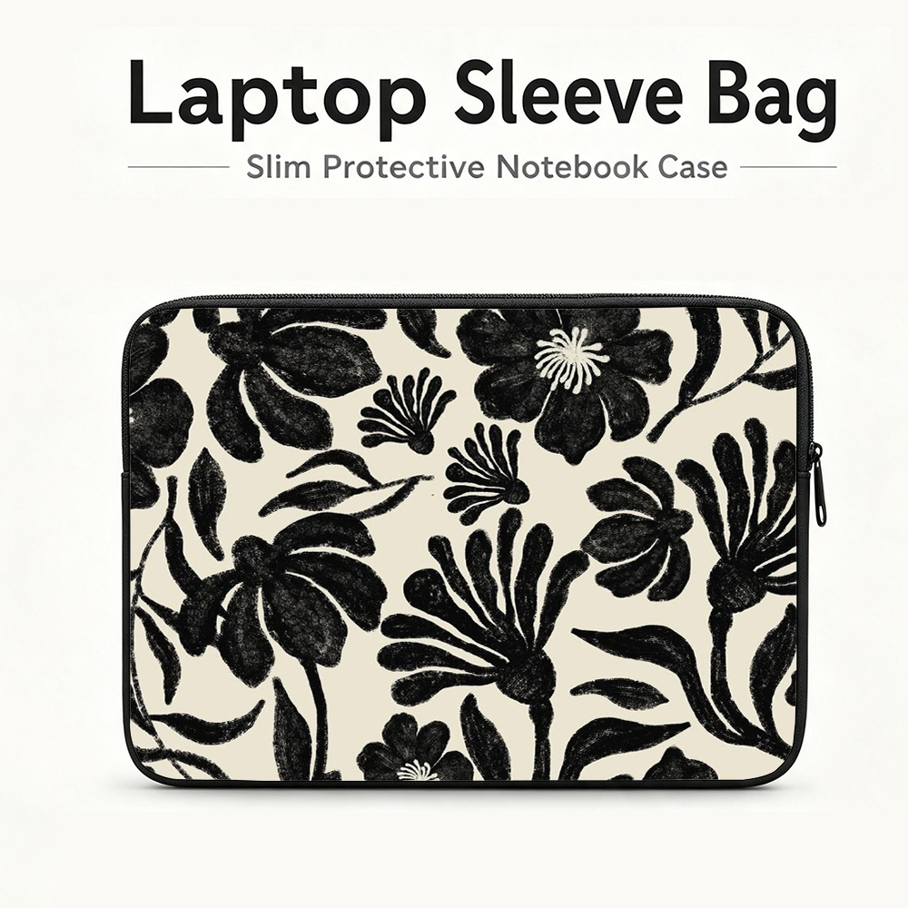 TEMU 1pc Beige & Black Hand-painted Floral Laptop Sleeve Case Suitable For Commuting, School, Office - Vintage Ink Wash Flower, Shockproof Protective