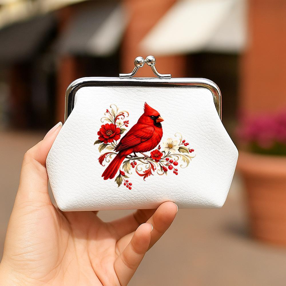 TEMU Pouch Bags, Organizer Bags Red Bird Floral Coin Purse, Vintage Botanical Design With Red Peony, White & Red Berries, Grained With Metal Clasp,