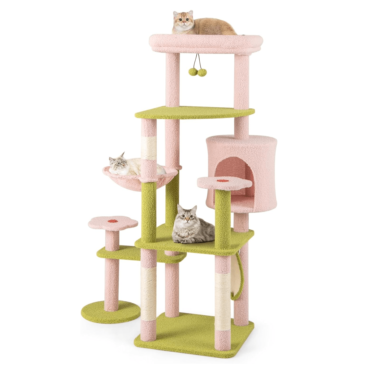 Image of Scratching Post 148 Cm, Multi-storey Cat Tree With Plush Viewing Platform, Sisal Posts & Mat, Cat Scratching Post With Cat House, Dangling Balls & Hammock, Climbing Tree For Cats