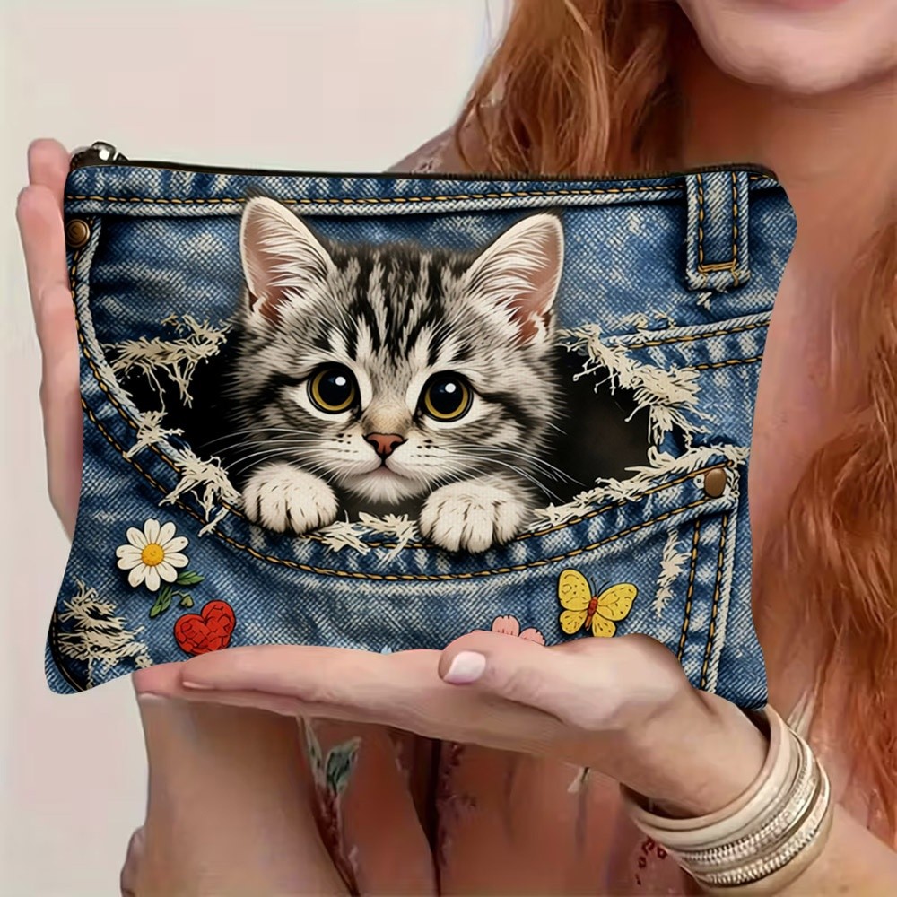 TEMU 1pc Zippered Makeup Bag With Cute Kitten Peeking Out Of Jeans Pattern. Double-sided Print, Spacious Capacity, Suitable As A Toiletry Bag Or