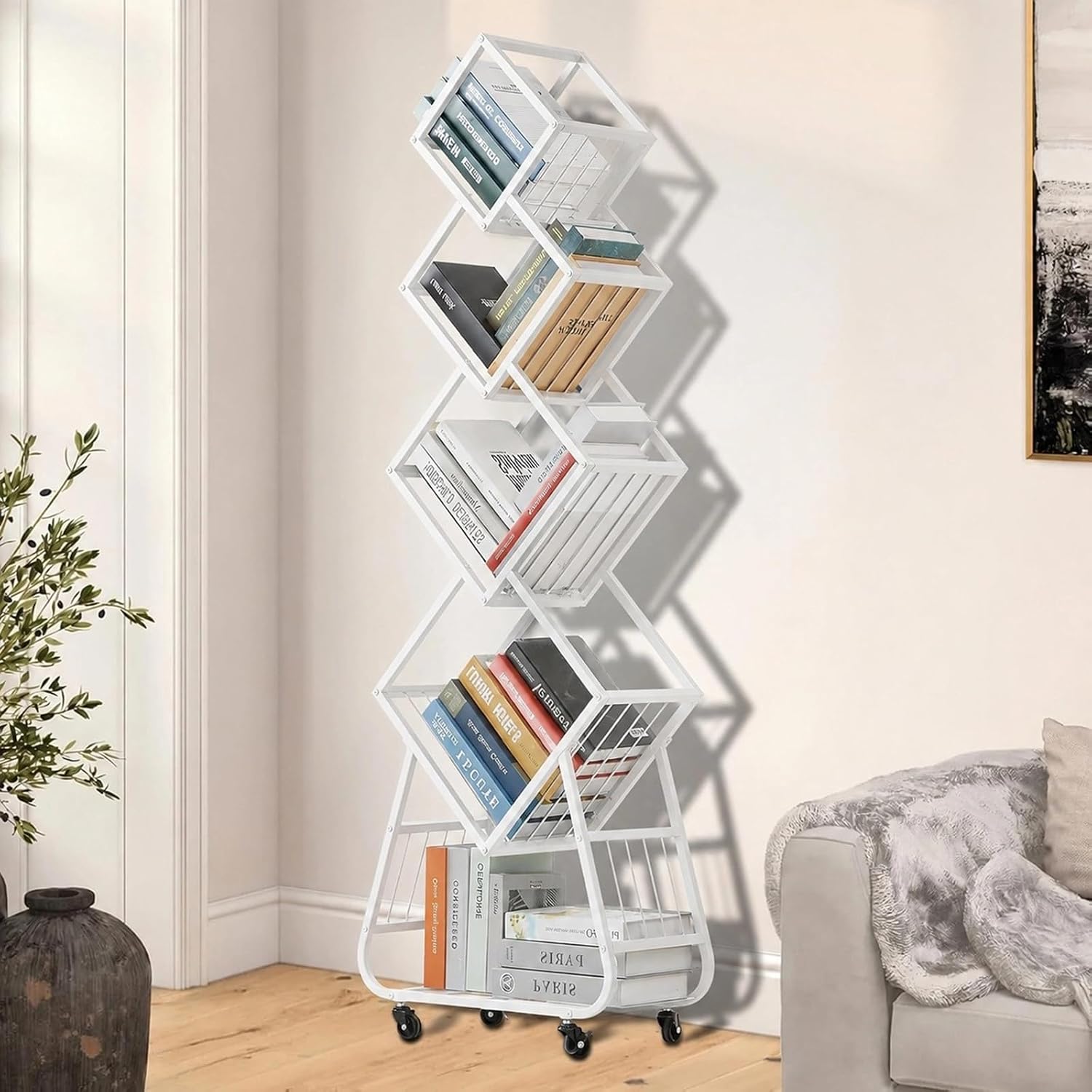 Image of Is Rotatable In White, With 5 Rotatable Bookshelves, 360° Bookshelves, Bookshelves And Scrolls, Suitable For Living Rooms, Bedrooms, And Offices