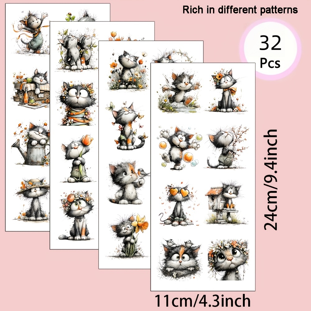 TEMU Lot de 32 UV à motif floral de chaton aquarelle — Convient pour le bricolage, les tasses, les ordinateurs portables et la décoration de