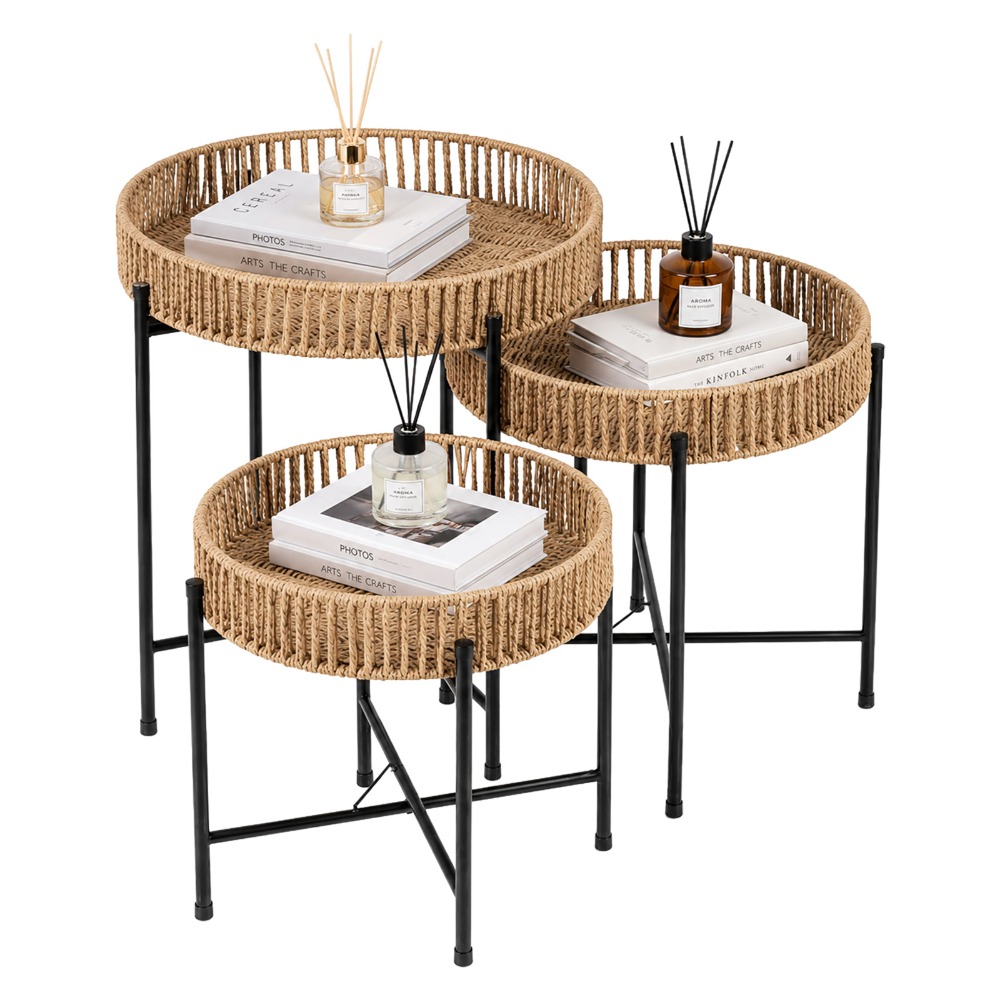 Image of Round Nesting Coffee Table Set Of 3, Woven Paper Rope Tray Side Tables With Metal Frame, Bohemian End Tables For Living Room Bedroom, Accent Plant Stand Nightstand Set